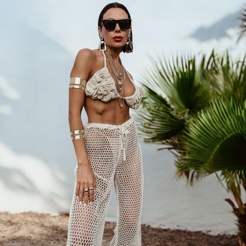 Bohemian Crochet Knit Festival Set Crocheted Pants And Top